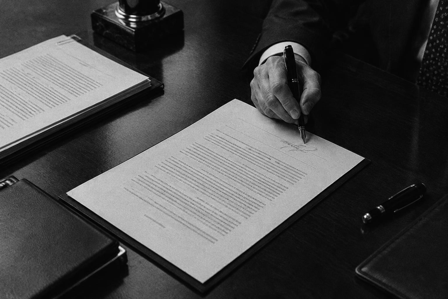 A hand signing a contract beside a fountain pen on an executive desk