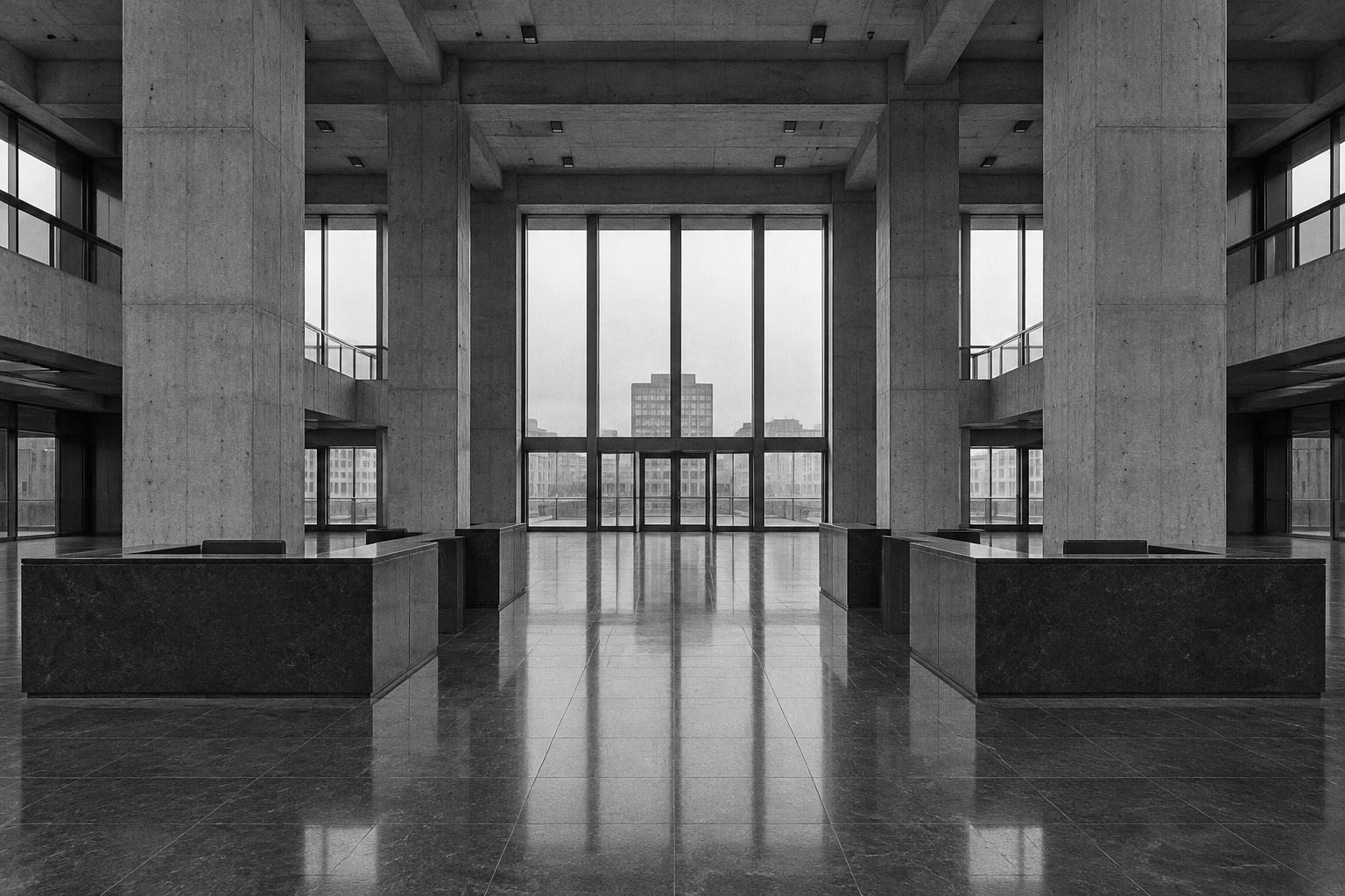An austere concrete headquarters lobby