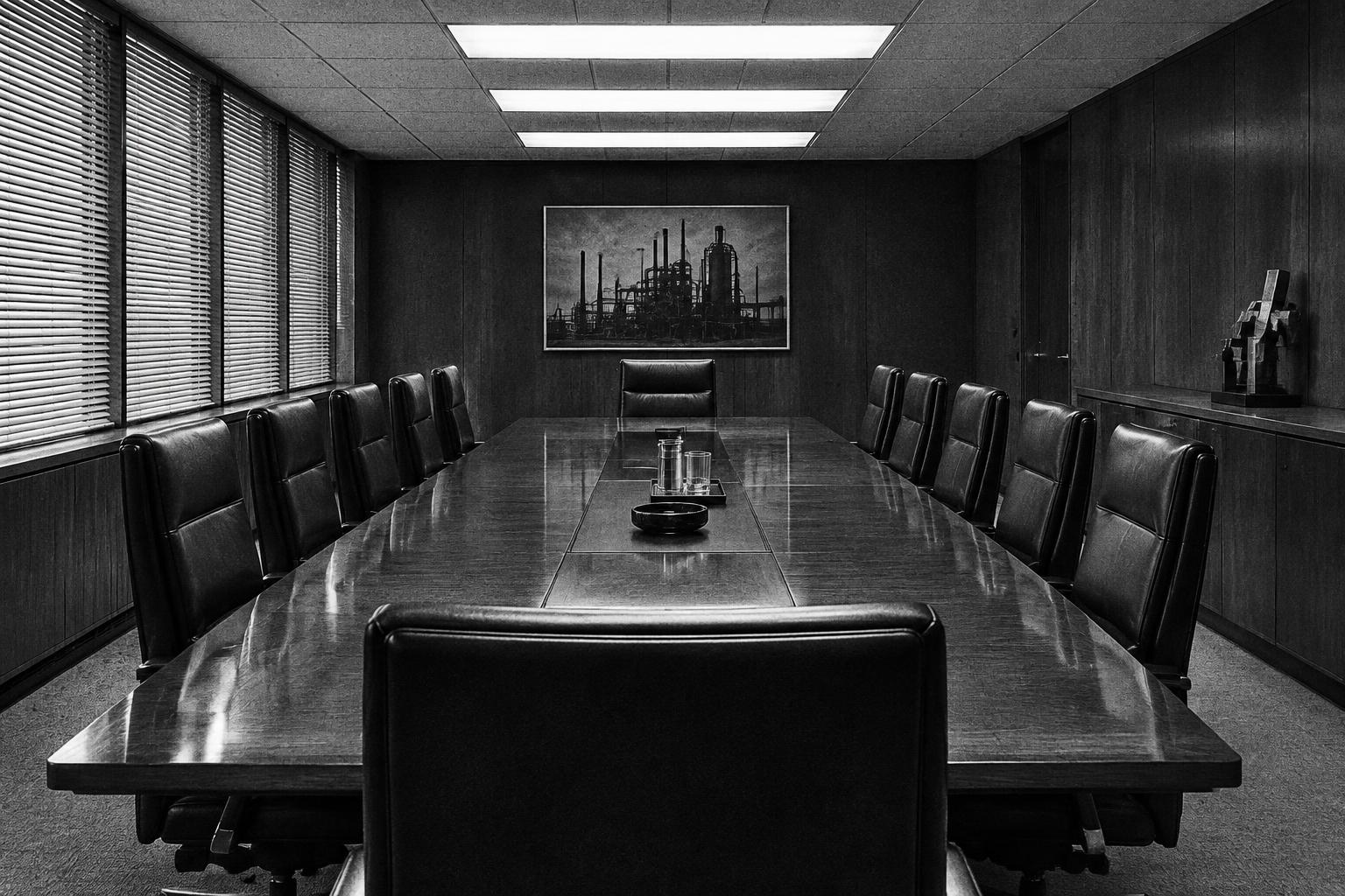 An empty mid-century corporate boardroom seen from the back of the room